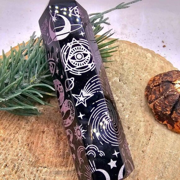 Nature Obsidian Engraved Purple Spiritual Symbols 4" Wand Point - Picture 9 of 10